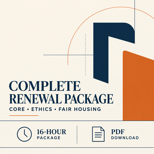 *OUR MOST POPULAR CE PACKAGE* Everything You Need: TREC CORE, Ethics & Fair Housing 16 Hours - PDF